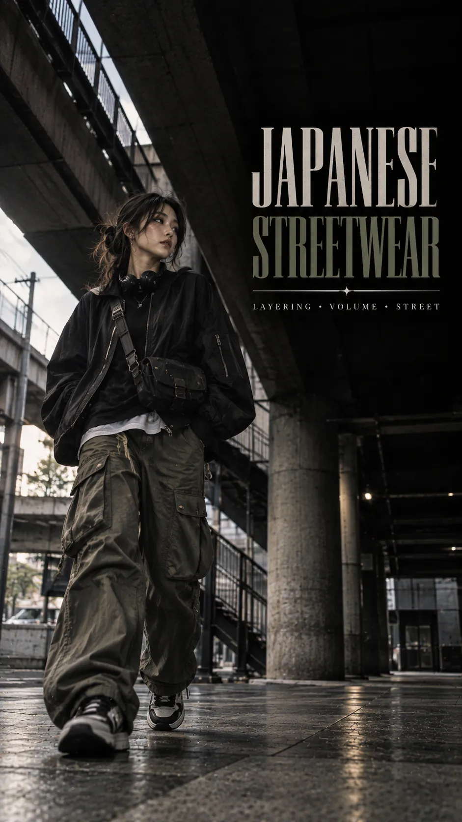 Japanese Streetwear nữ với layered bomber, cargo và sneakers