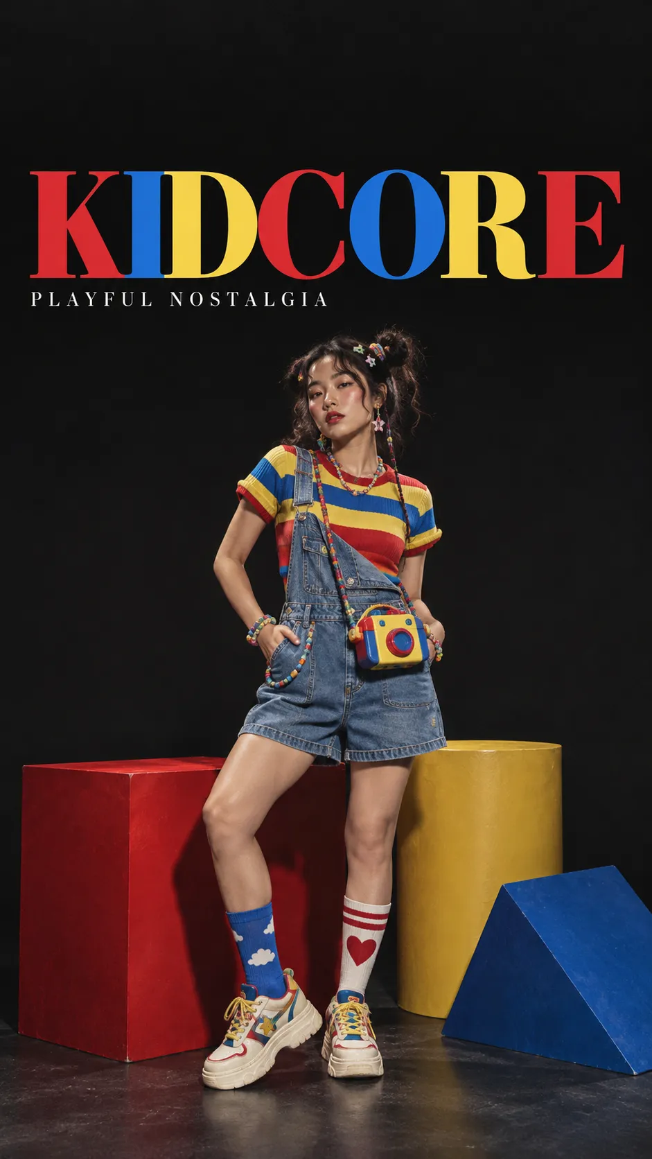 Kidcore outfit với áo sọc nhiều màu, denim yếm, sneakers và phụ kiện hạt nhựa