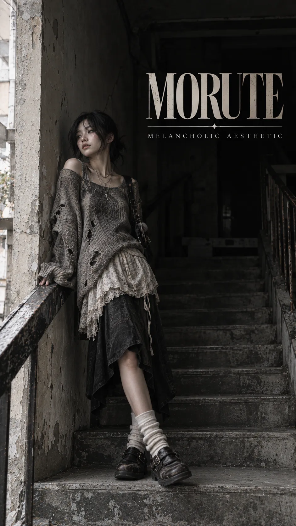 Morute aesthetic outfit trên người mẫu trưởng thành với váy ren vintage, cardigan cũ, ribbon nhạt và boots đen