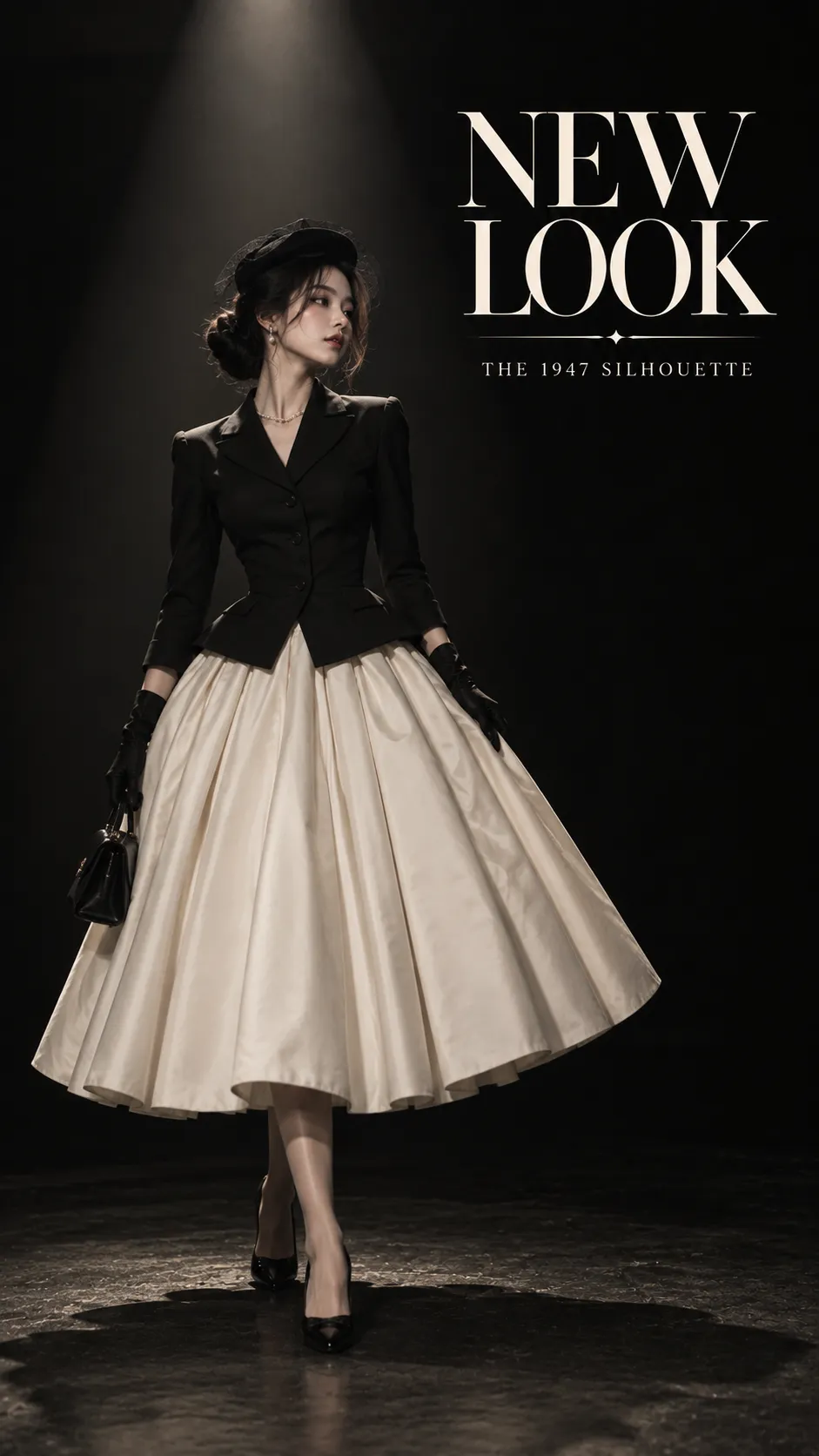 New Look Christian Dior 1947 với jacket ôm eo, hông nở và chân váy dài xòe