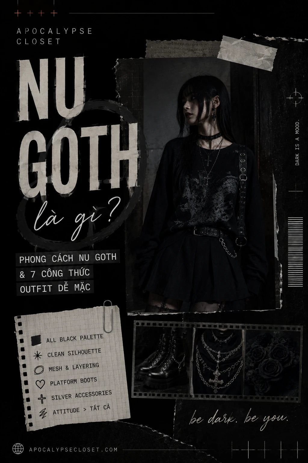 Nu Goth fashion nữ với all black mesh platform boots silver jewelry — Apocalypse Closet