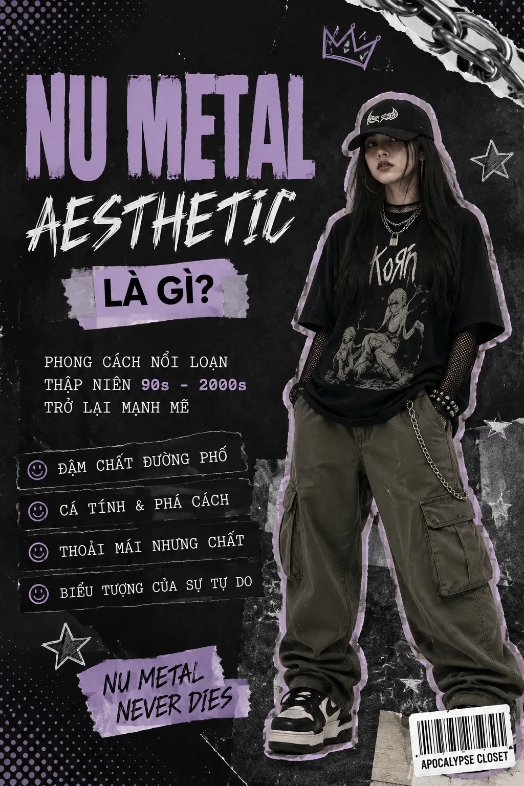 Outfit punk form rộng minh họa Nu Metal Aesthetic đầu 2000s