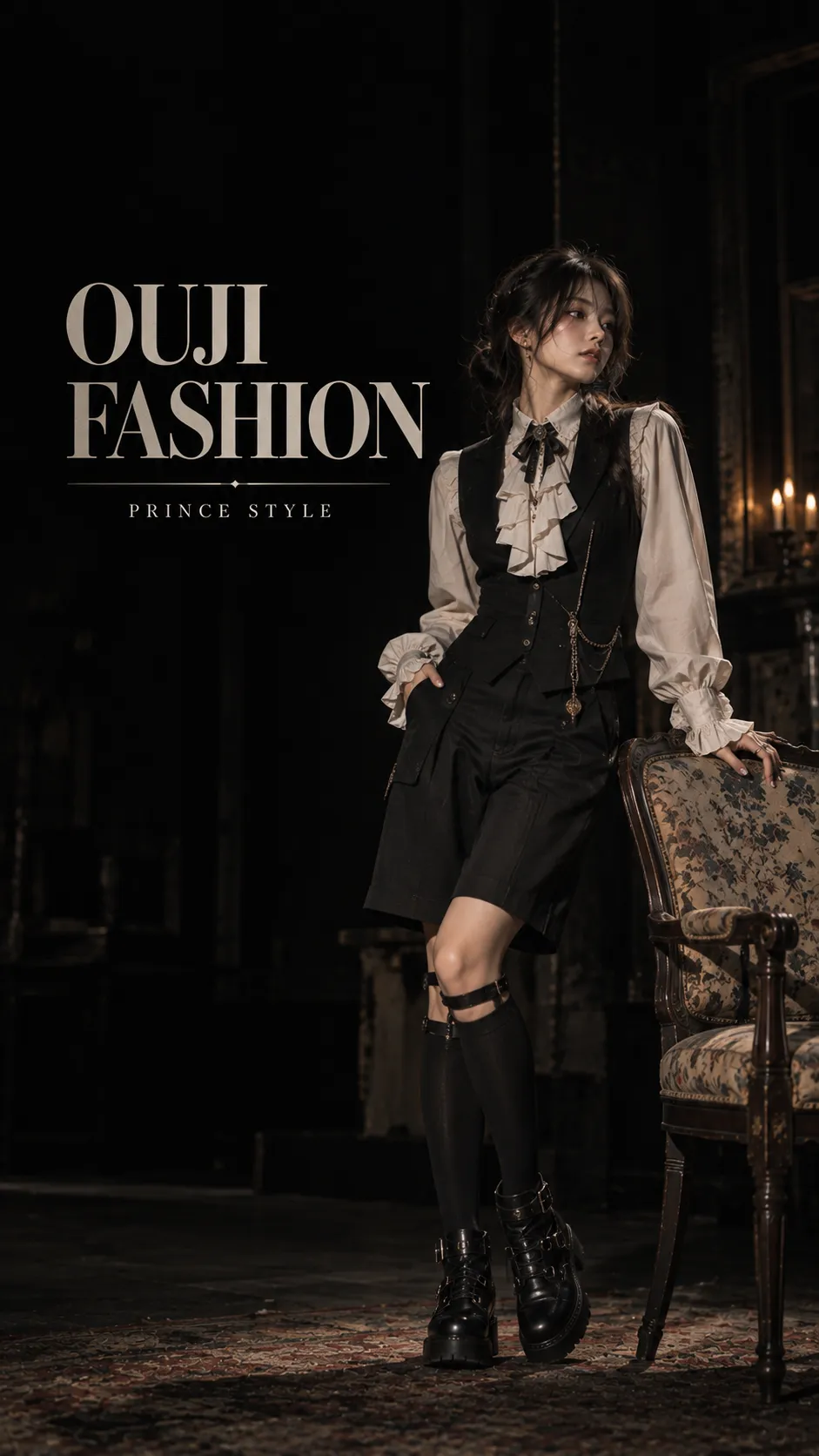 Ouji fashion với blouse cổ cao, waistcoat đen, shorts may đo, tất cao và boots phong cách hoàng tử Nhật Bản