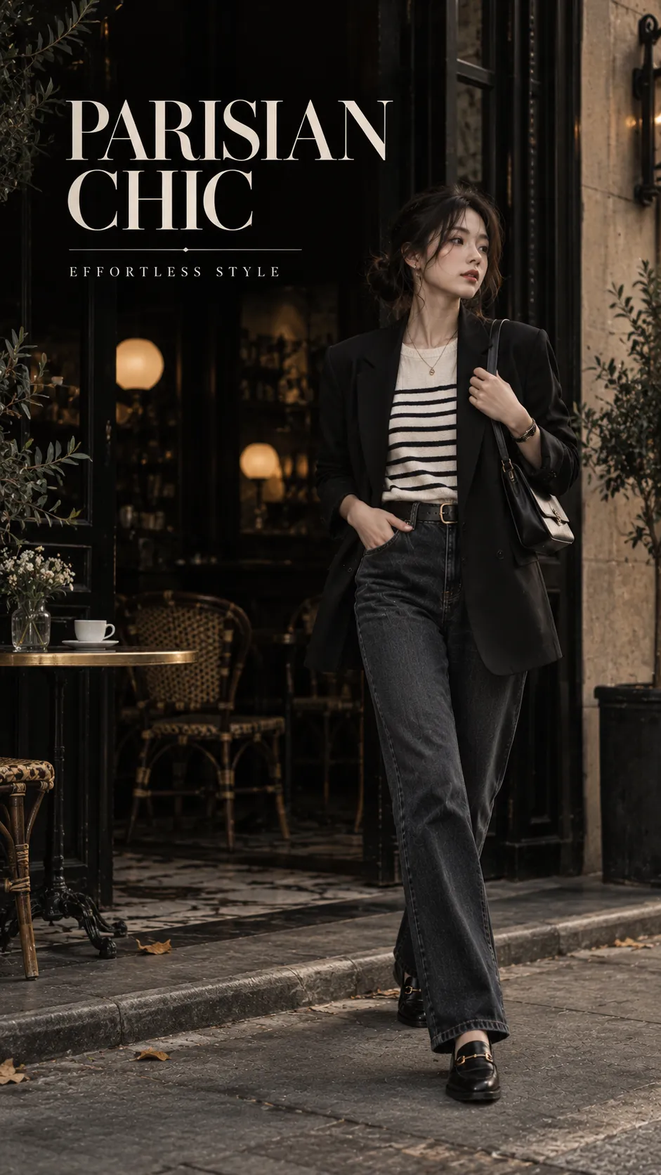 Parisian Chic outfit với blazer đen, sơ mi trắng, jeans thẳng và ballerina flats