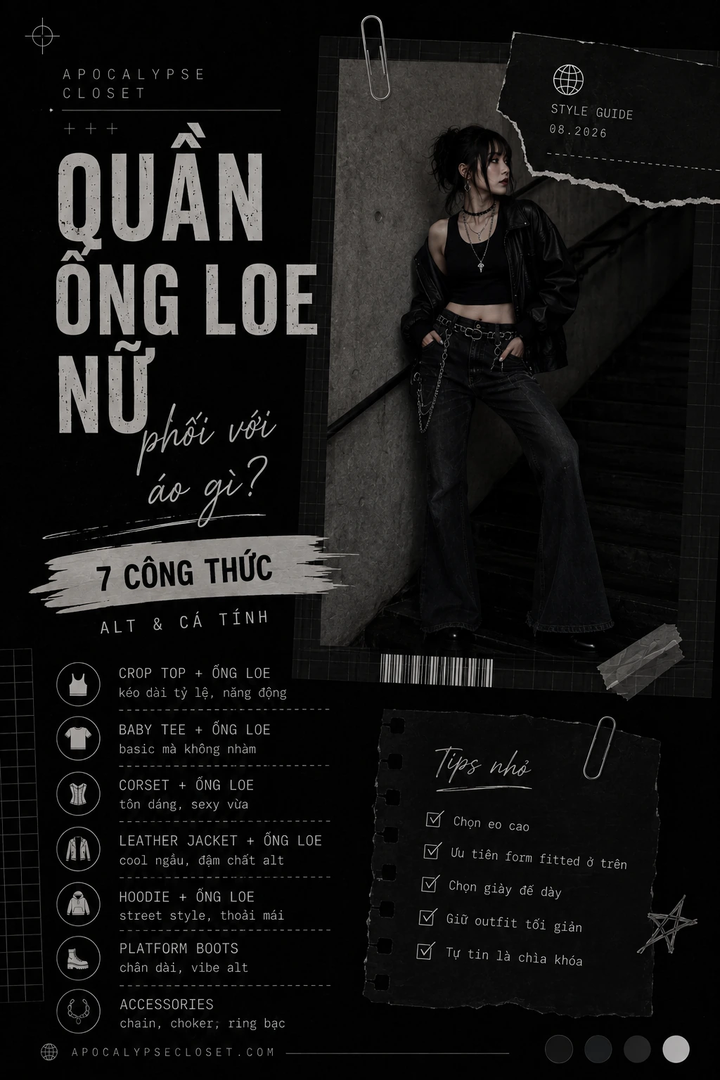 Phối đồ quần ống loe nữ với baby tee corset leather jacket theo phong cách alt — Apocalypse Closet