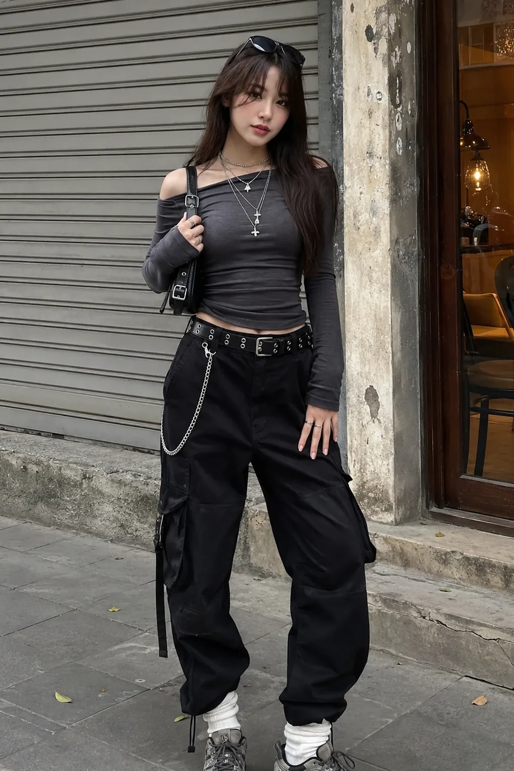 Outfit nữ với quần parachute đen theo phong cách Baddie Streetwear