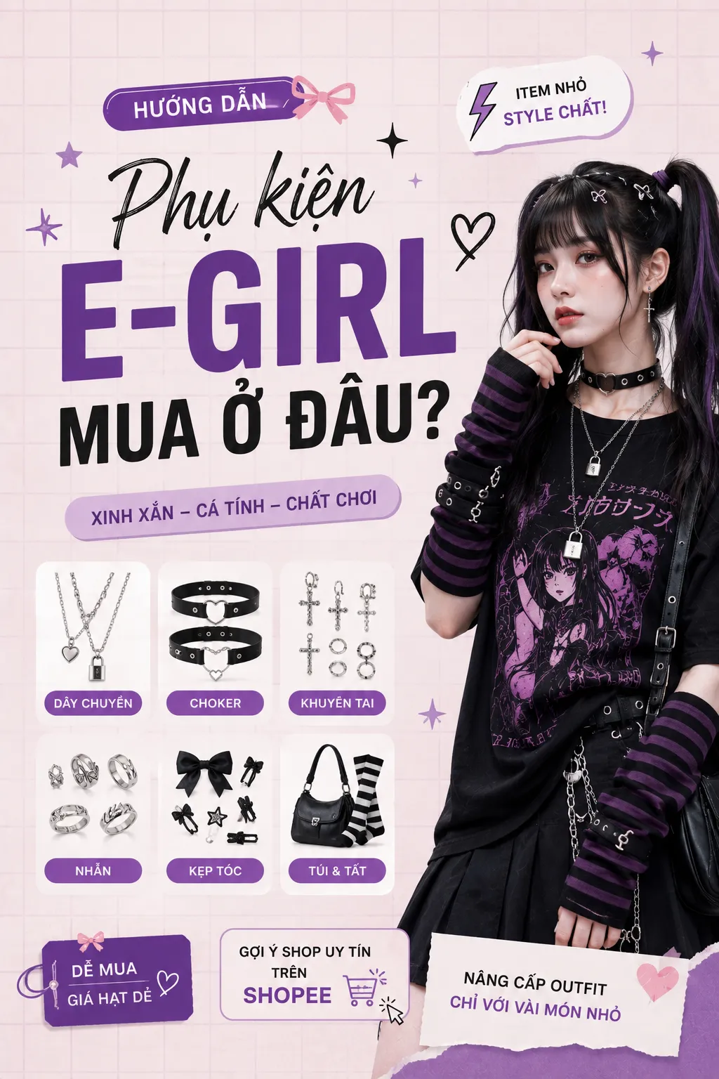 Outfit E-Girl nữ với phụ kiện bạc, thắt lưng và túi tối màu