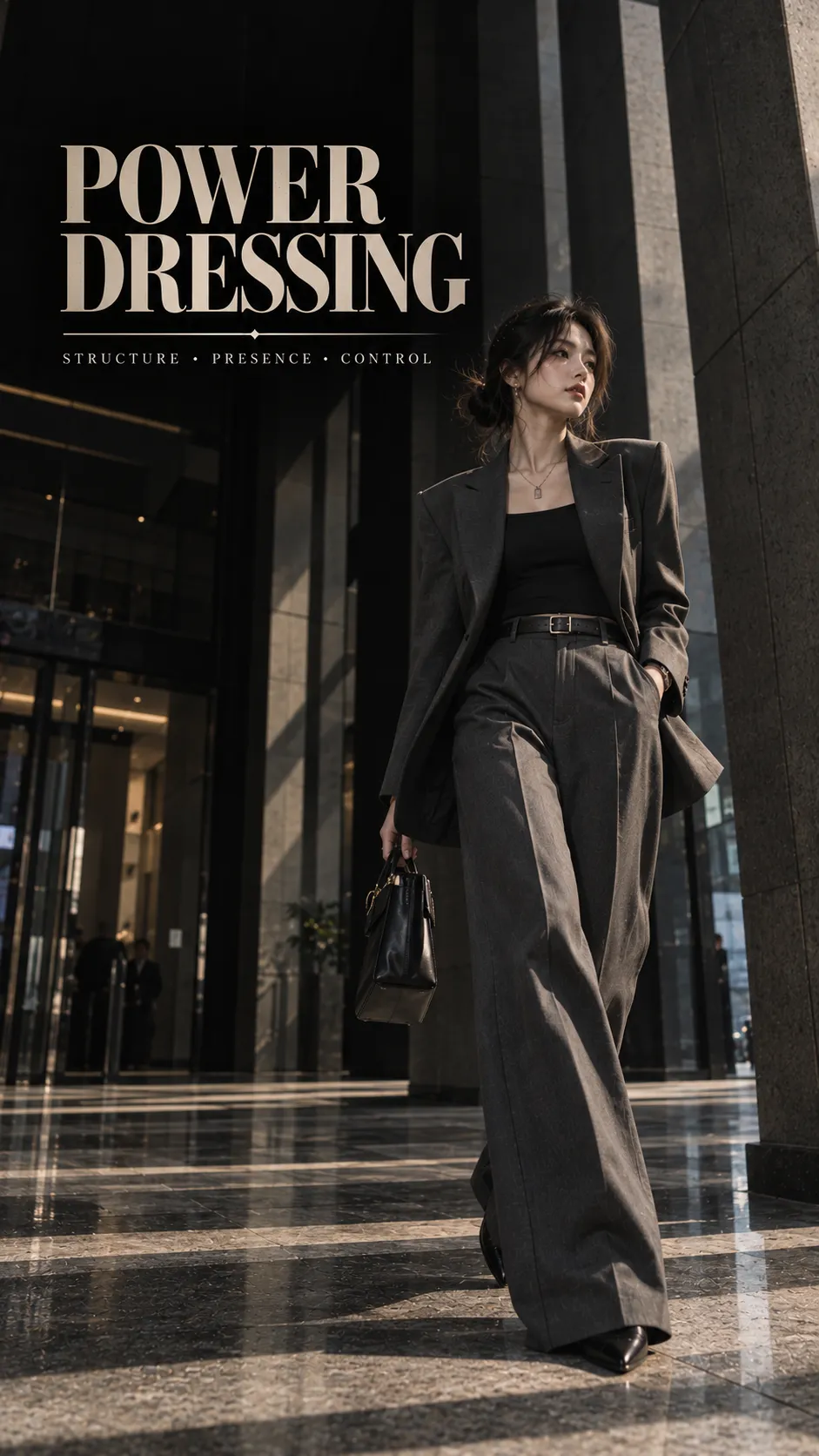 Power dressing nữ hiện đại với blazer vai rõ, áo cổ gọn, quần suông và giày mũi nhọn