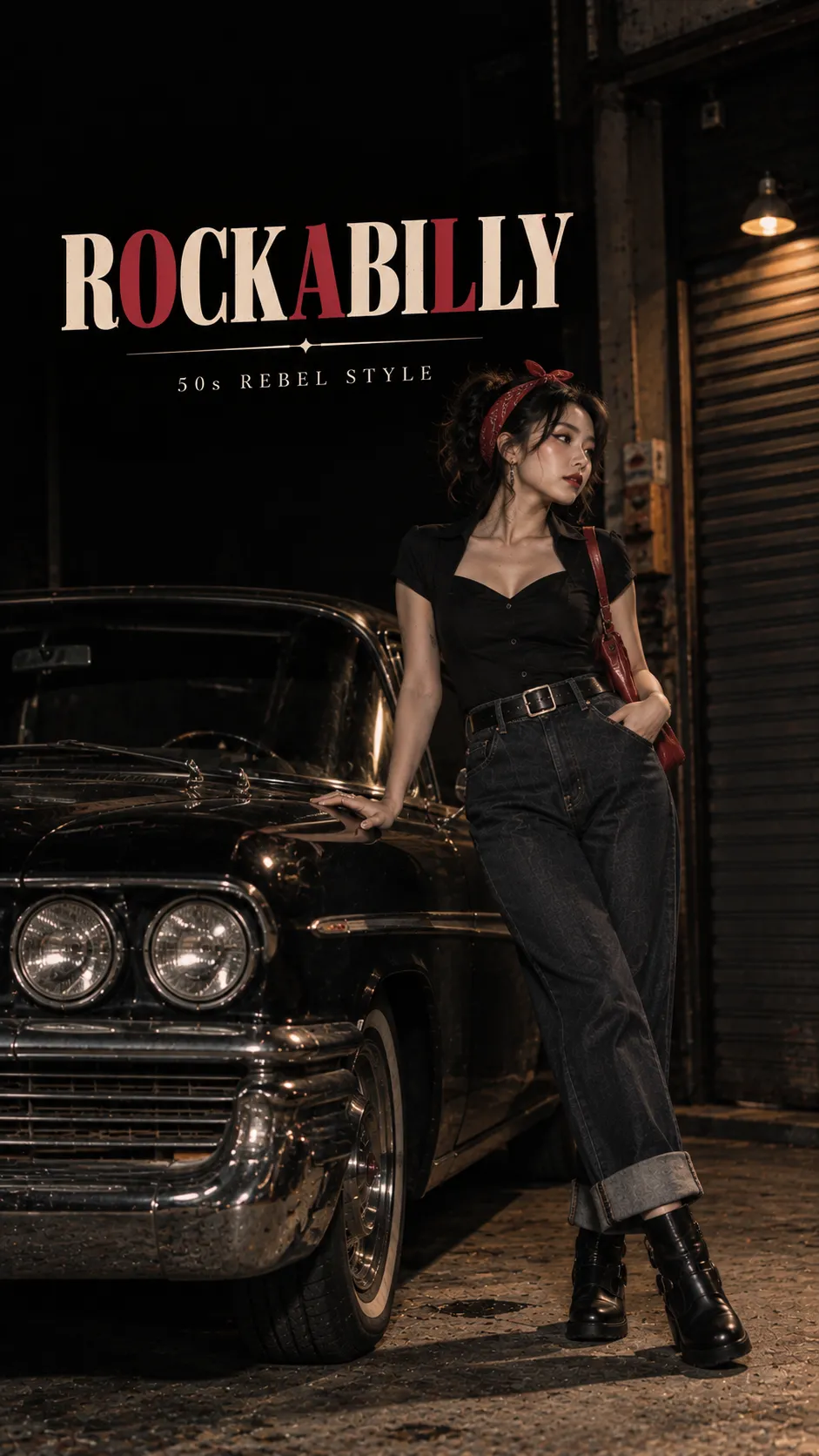 Rockabilly style nữ với áo fitted, jeans cạp cao, leather jacket và ankle boots phong cách 1950s