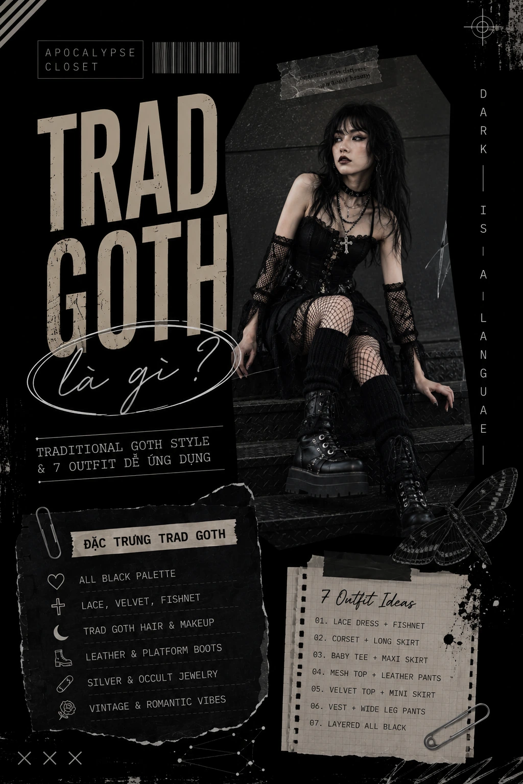 Trad Goth Traditional Goth style nữ với hair volume eyeliner fishnet leather boots — Apocalypse Closet