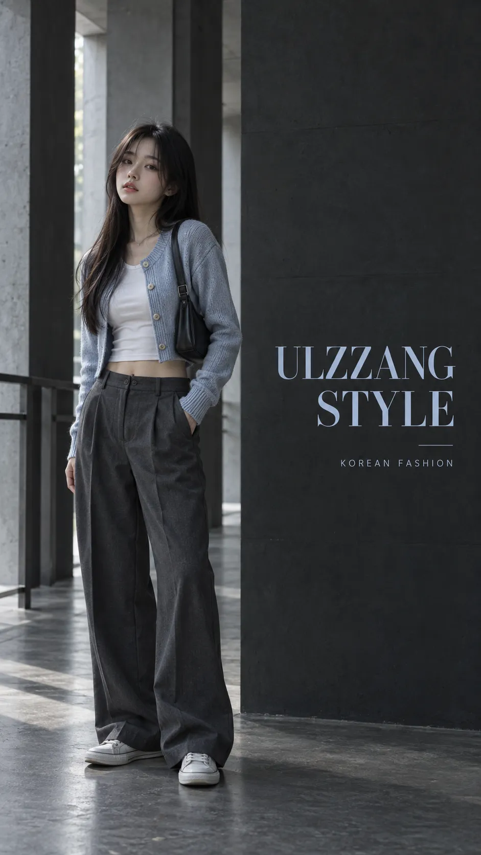Ulzzang style nữ với cardigan ngắn, áo thun sáng màu, quần jeans suông và sneaker tối giản