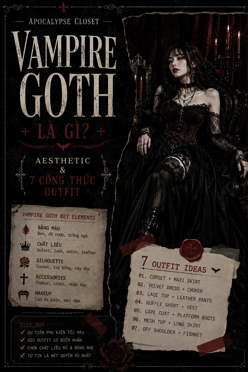 Vampire Goth aesthetic nữ với đen burgundy lace corset và boots — Apocalypse Closet