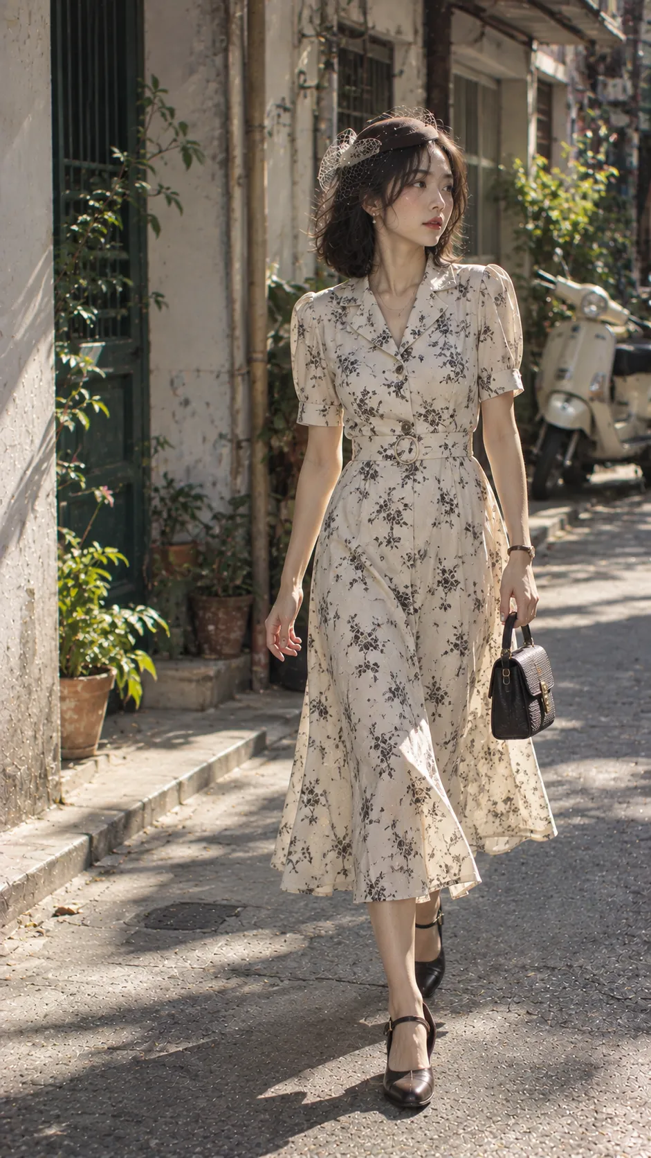 1930s fashion nữ với váy midi natural waist, vai gọn, hat nhỏ và gloves