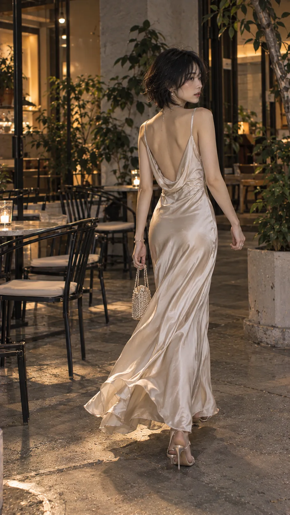 1930s bias-cut evening gown satin với low back và hem rơi mềm