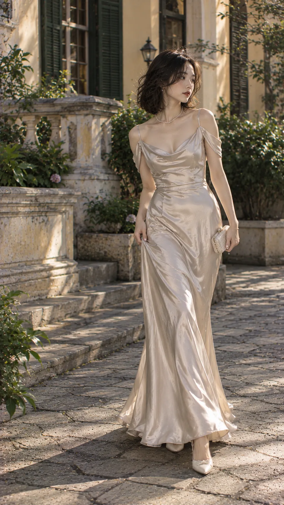 1930s Hollywood glamour với satin evening gown dài, vai mở và clutch nhỏ
