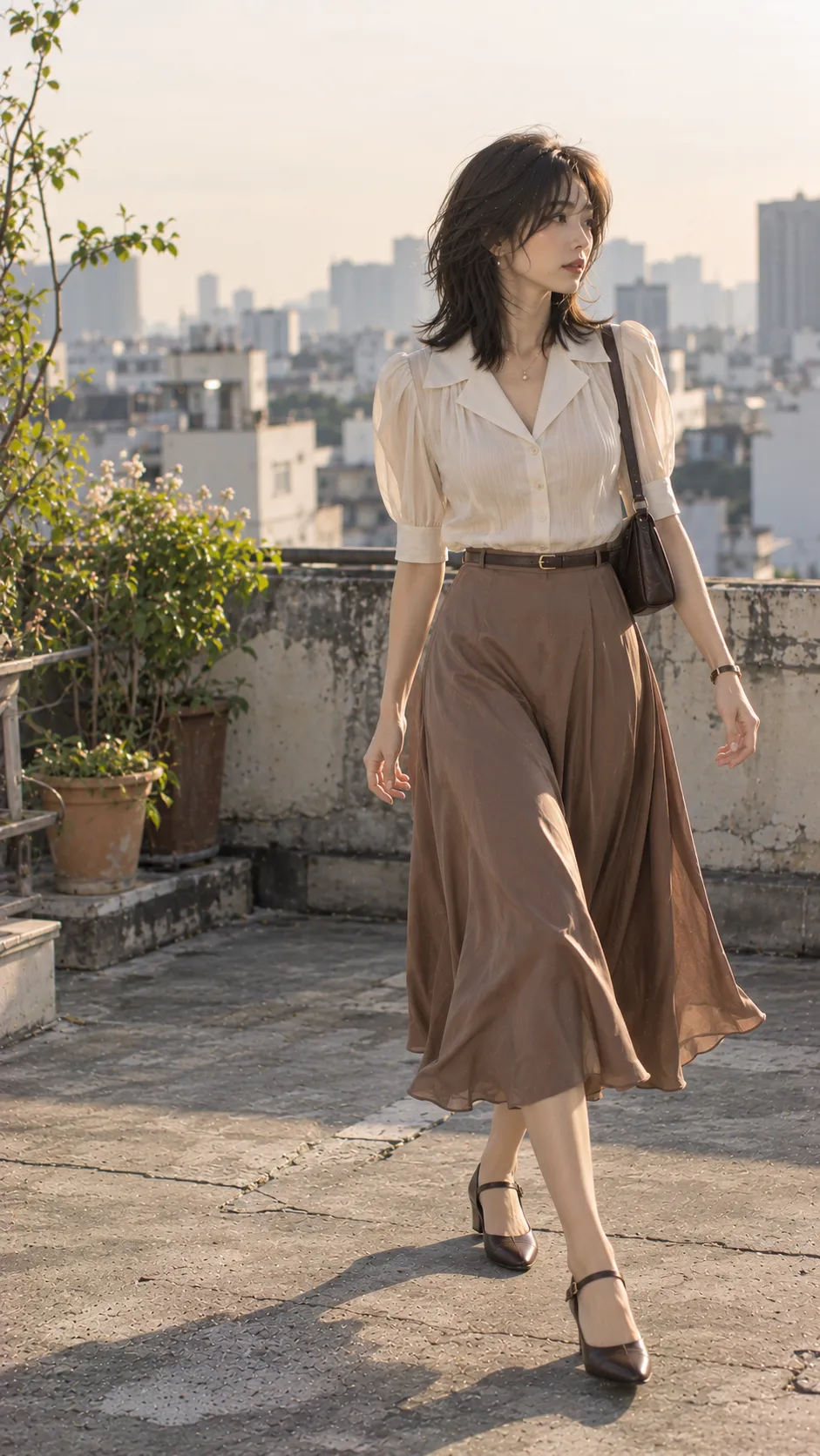 1930s-inspired day outfit với blouse vai nhẹ, midi skirt, belt mảnh và low heel