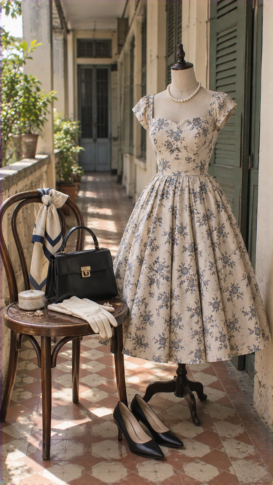Phụ kiện 1950s fashion với pumps, structured handbag, scarf và găng tay đặt cạnh midi dress