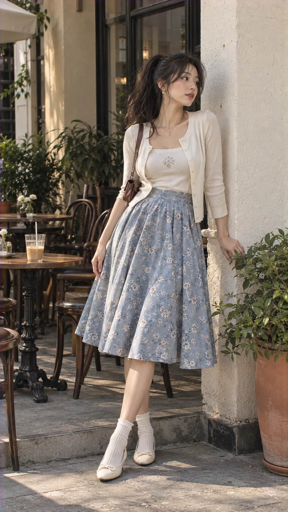 Outfit 1950 nữ casual với cardigan twinset, circle skirt, ankle socks và flat shoes