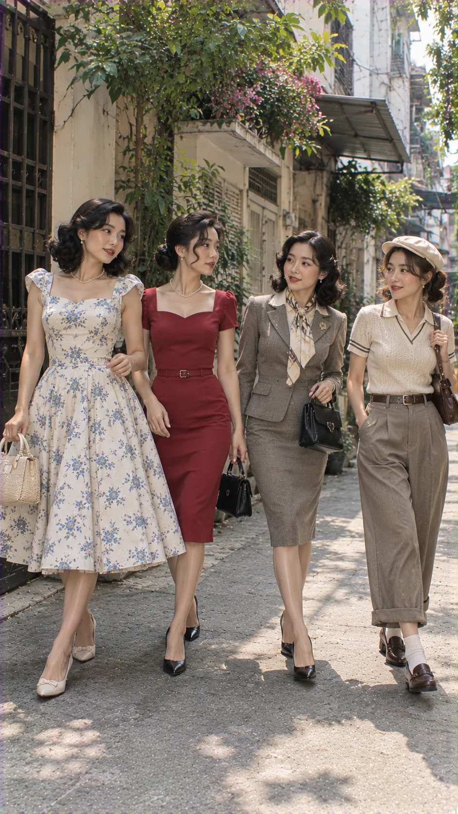Bốn silhouette 1950s fashion nữ gồm full skirt, pencil sheath, straight suit và casual sportswear