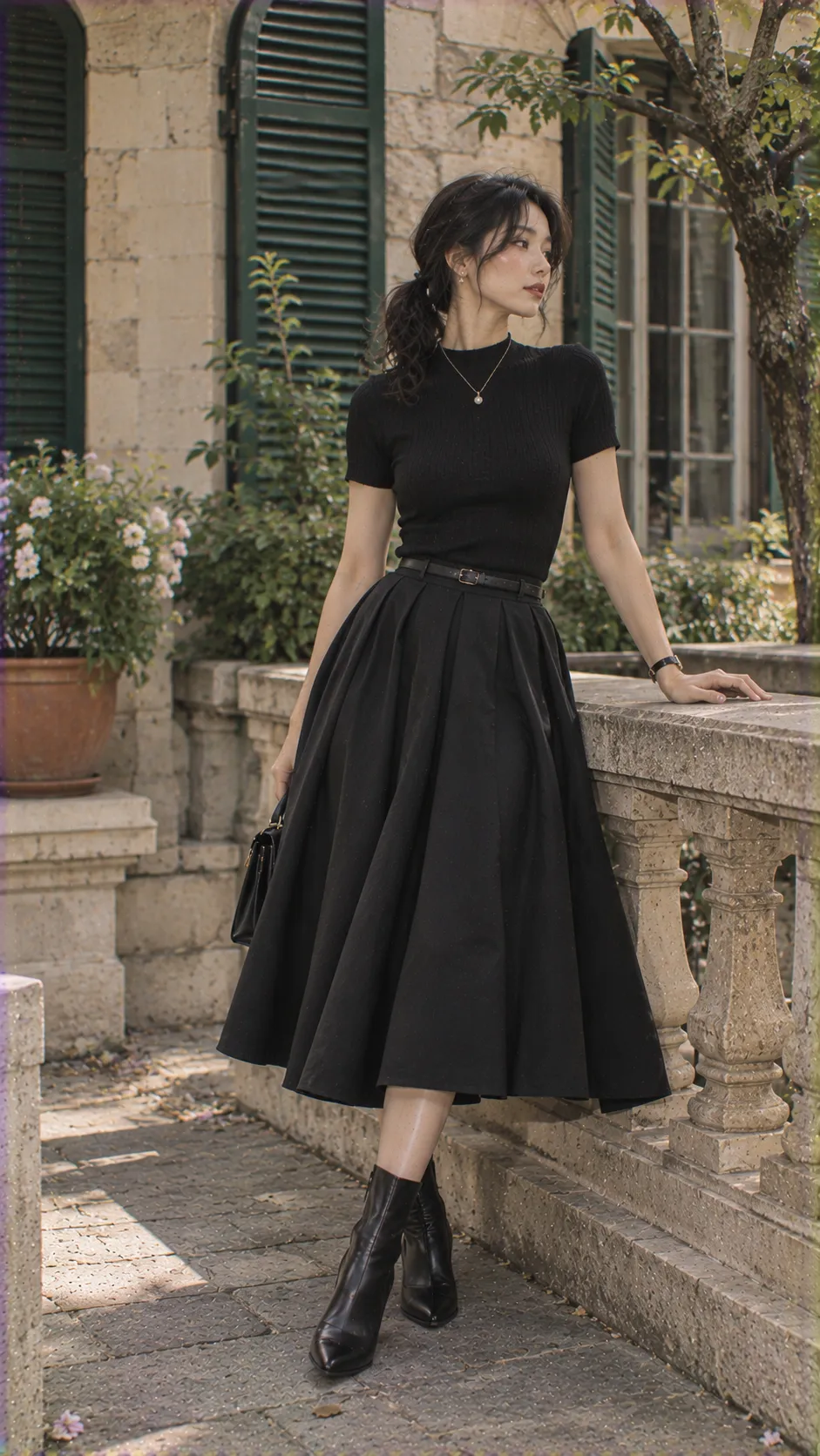 Outfit 1950s inspired hiện đại với fitted knit, full midi skirt và pumps tối giản