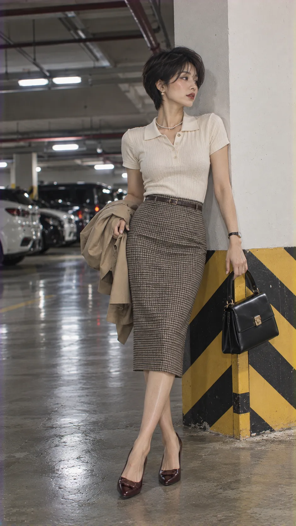 1950s pencil skirt và sheath dress với fitted knit, waist rõ và pumps