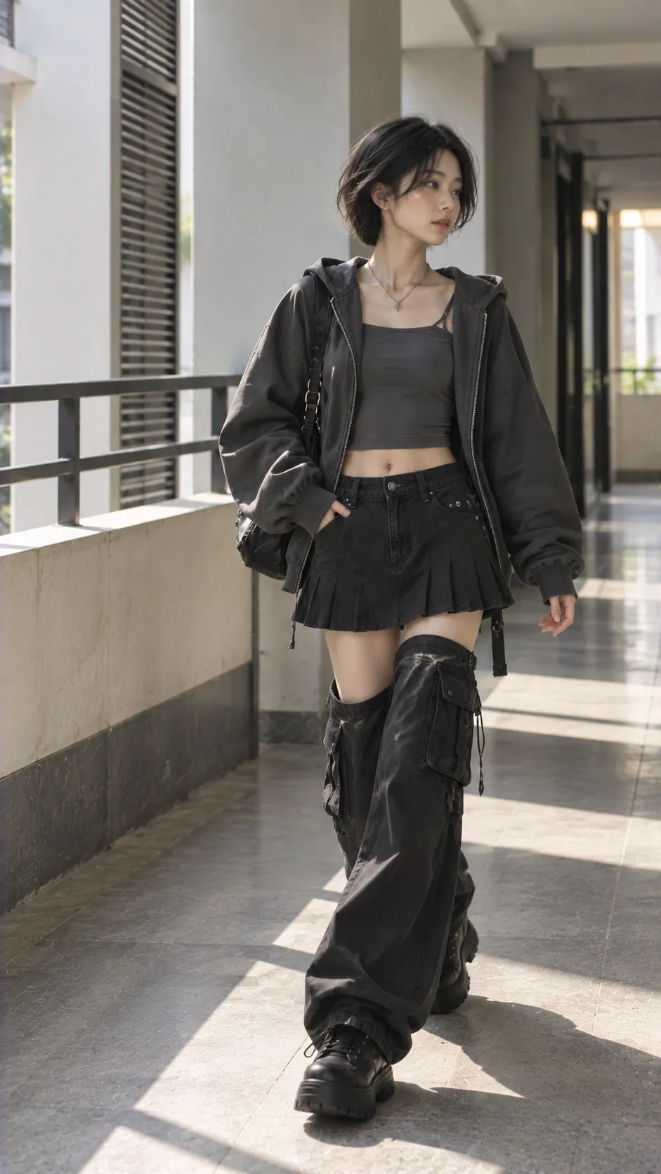 Acubi Style trong Oversized zip hoodie + fitted top + quần ống rộng vừa với hoodie, quần cargo, chân váy xếp ly, đen