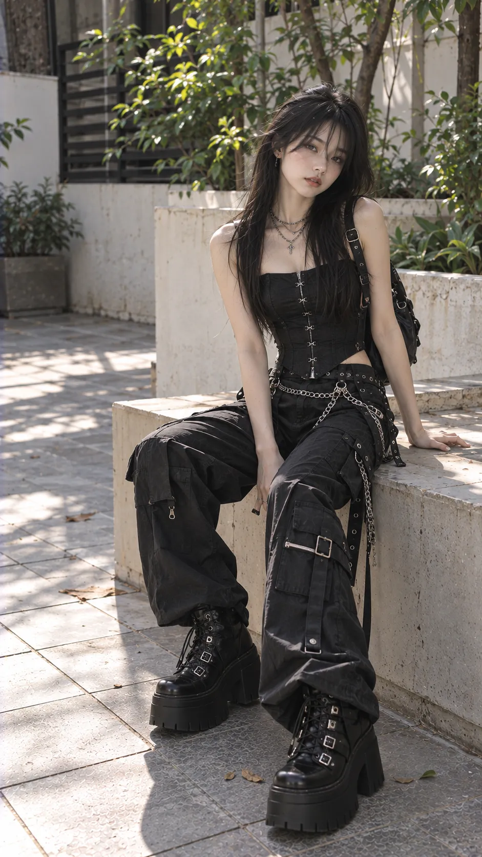 Aesthetic đặc trưng với platform boots, corset, quần cargo, chain