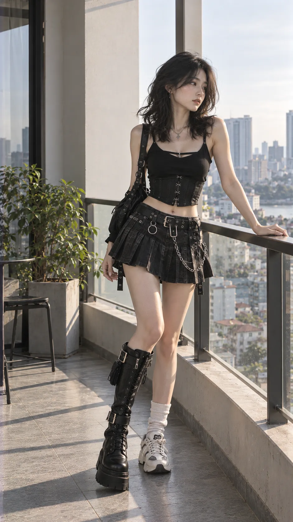 Aesthetic đặc trưng với boots cao, sneaker, corset, crop top
