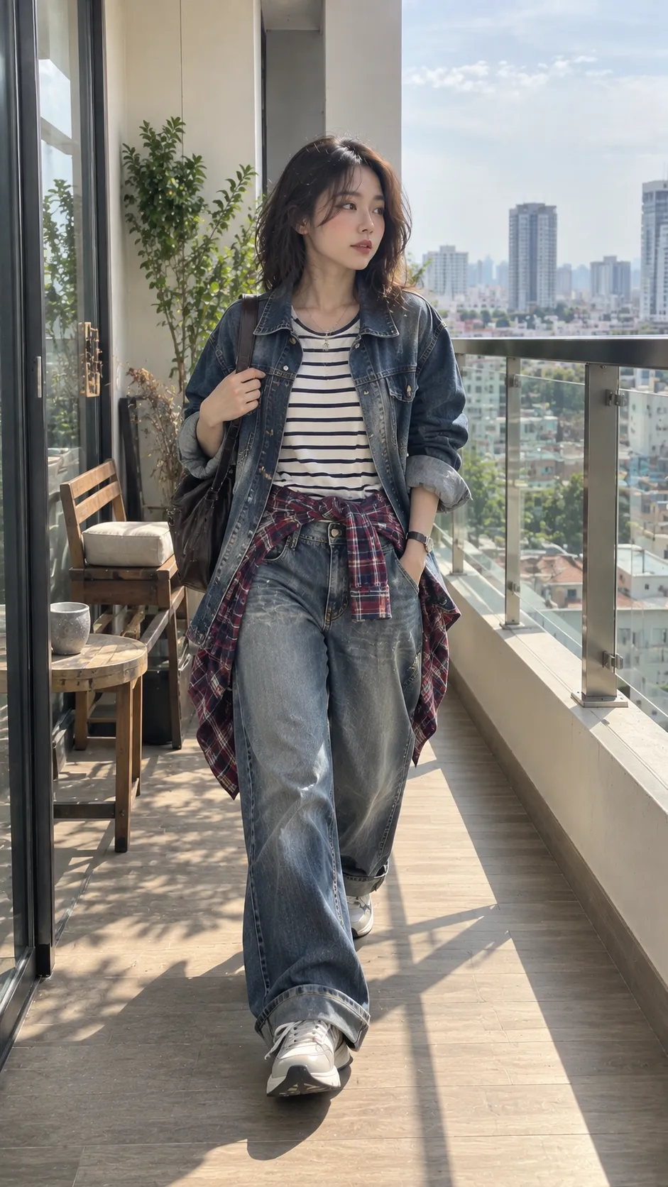 Amekaji Gyaru với striped tee, denim shorts, plaid shirt buộc eo và sneakers