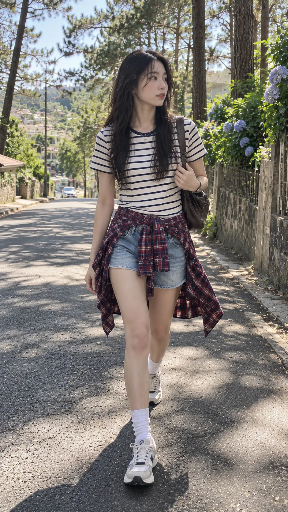 Amekaji style với oversized varsity jacket, fitted tank, denim mini và chunky sneakers
