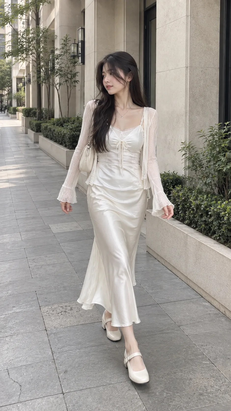 Angelcore outfit với fitted camisole satin skirt sheer cardigan và Mary Jane màu sáng
