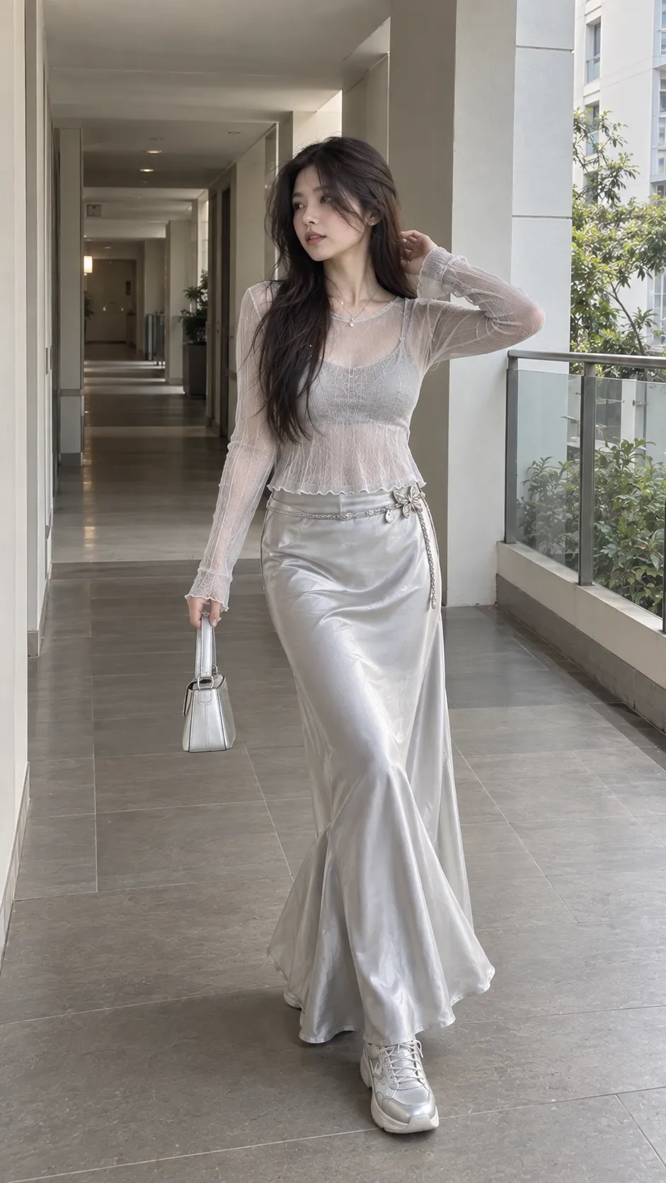 Angelcore outfit xám bạc với sheer long sleeve satin skirt và túi nhỏ có cấu trúc