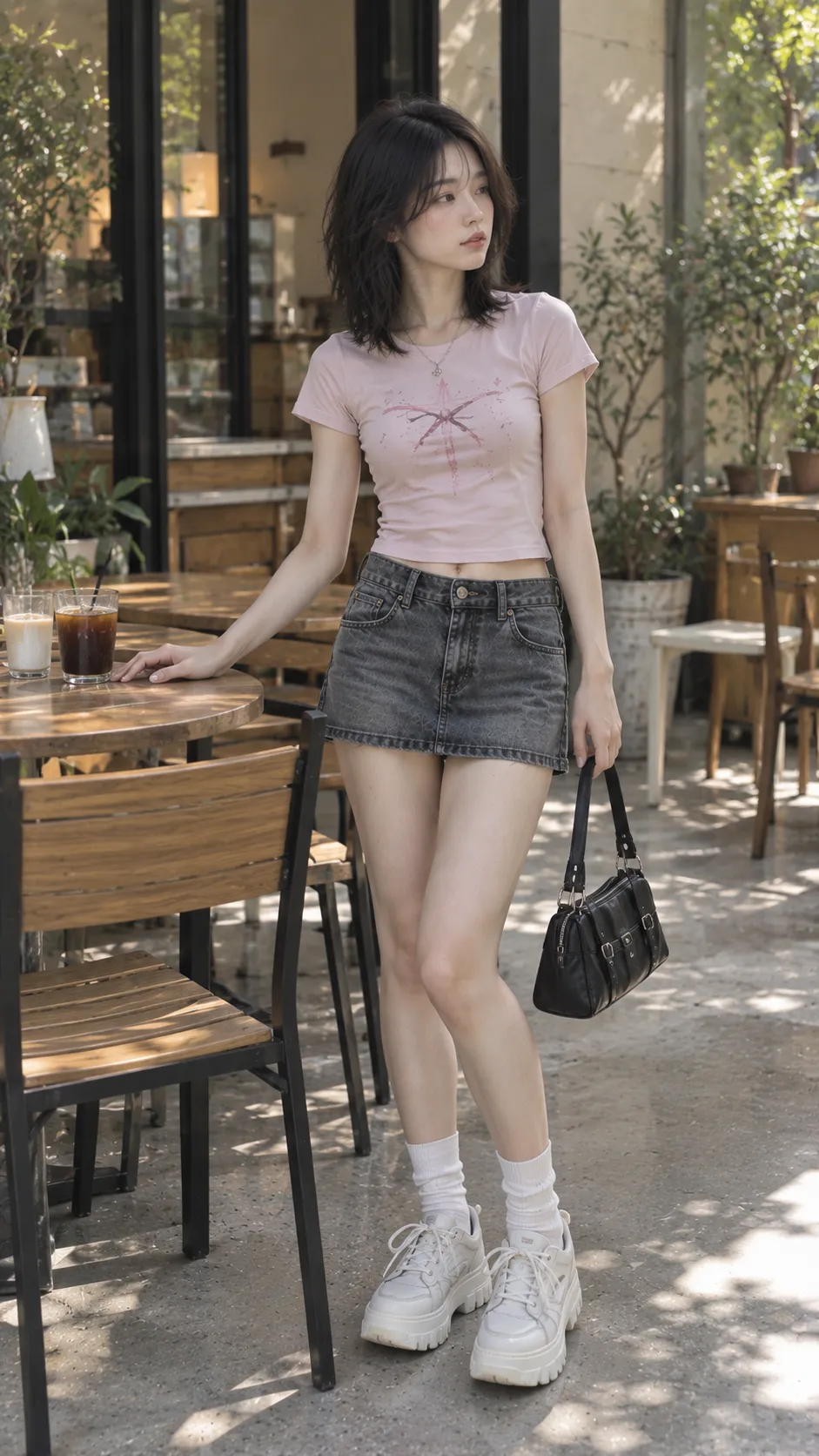 Áo Baby Tee Form Đẹp Trên Shopee với baby tee, mẫu nữ trẻ đang thử form trong không gian mua sắm không logo