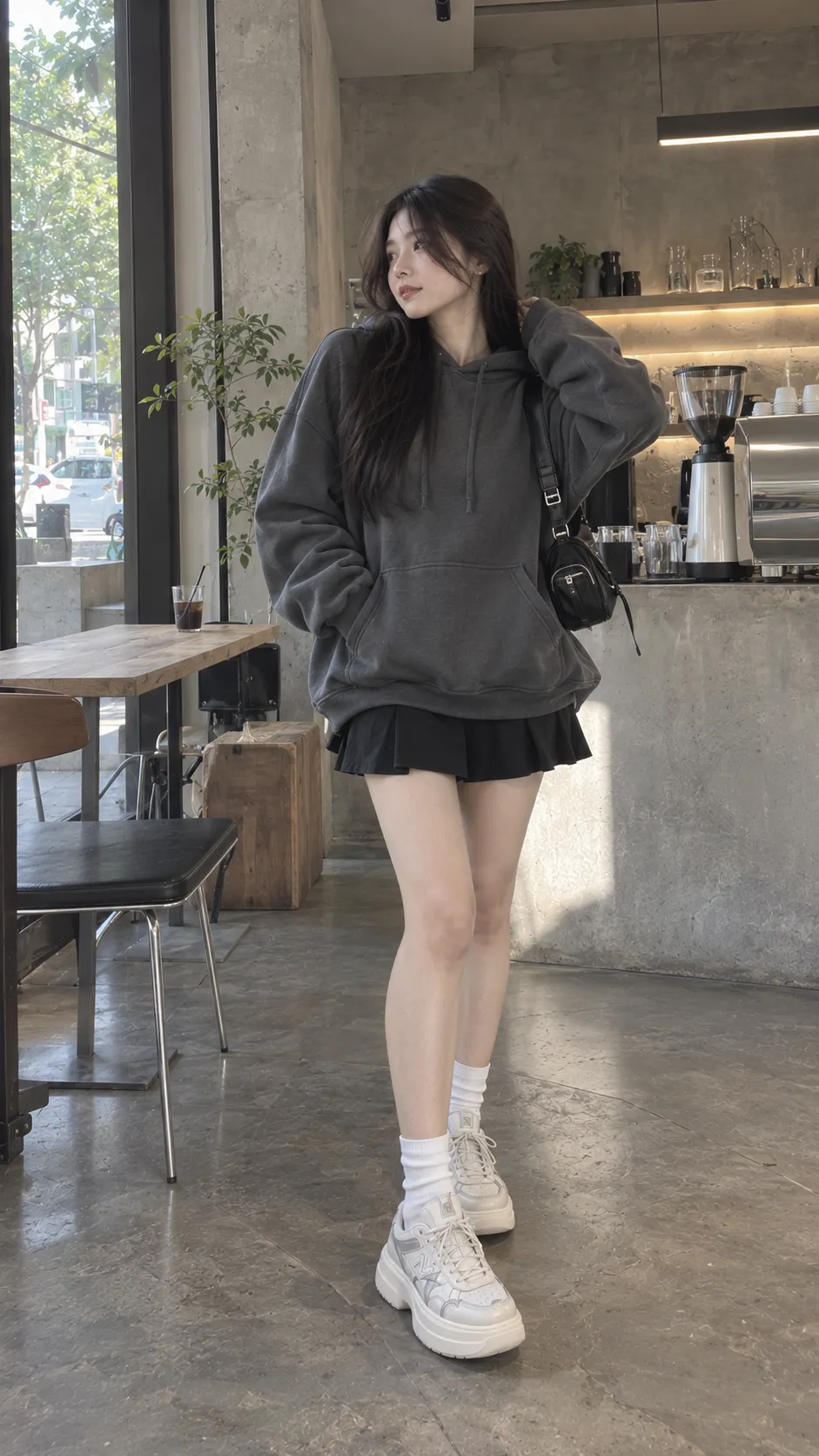 Hoodie oversize nữ màu charcoal phối mini skirt đen và platform sneaker