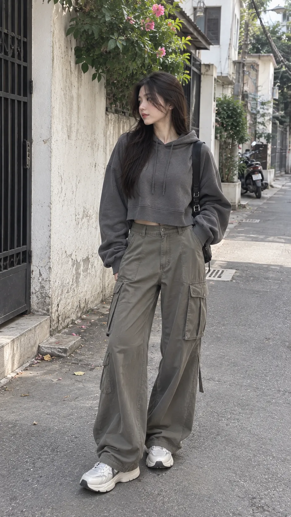Hoodie oversize cropped nhẹ phối quần cargo rộng và chunky sneaker