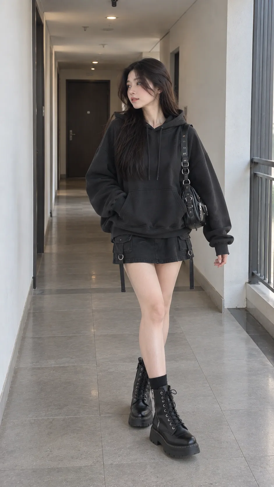 Hoodie oversize nữ phối chân váy mini combat boots và túi shoulder có hardware bạc
