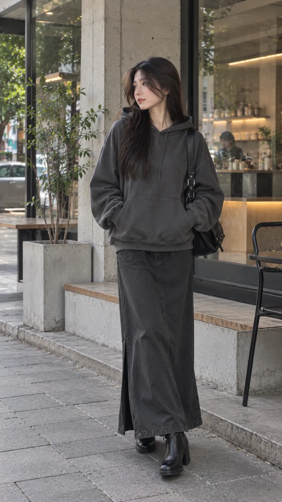 Hoodie oversize charcoal phối maxi skirt thẳng và ankle boots theo phong cách city alt