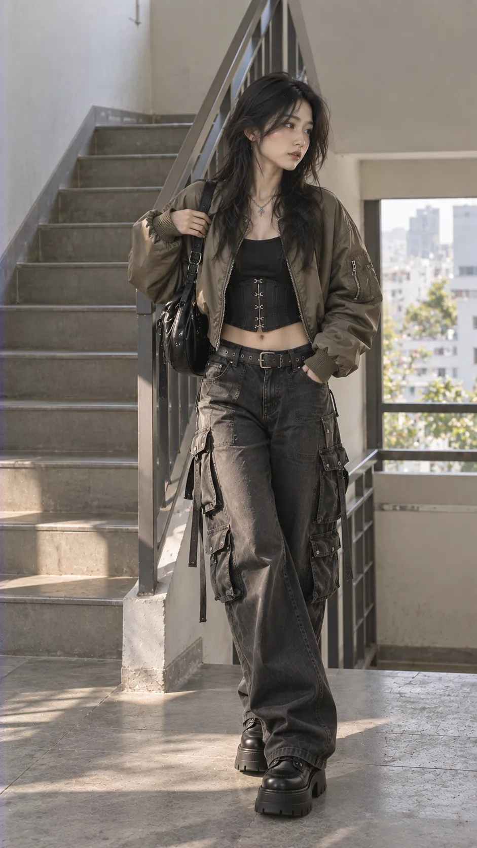 Áo Bomber Nữ thể hiện silhouette và tỷ lệ với corset, crop top, áo thun, quần cargo