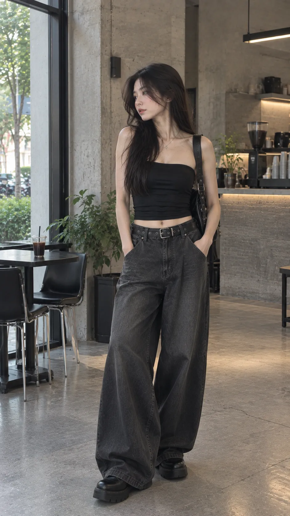Áo ống nữ đen phối quần ống rộng và boots theo phong cách dark y2k