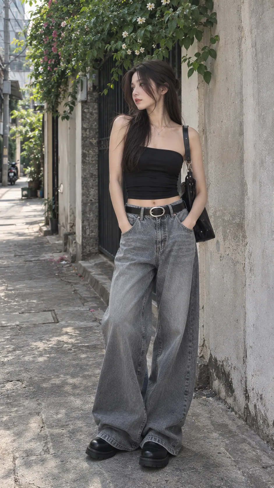 Áo ống đen trơn phối jeans ống rộng bạc màu và thắt lưng bạc