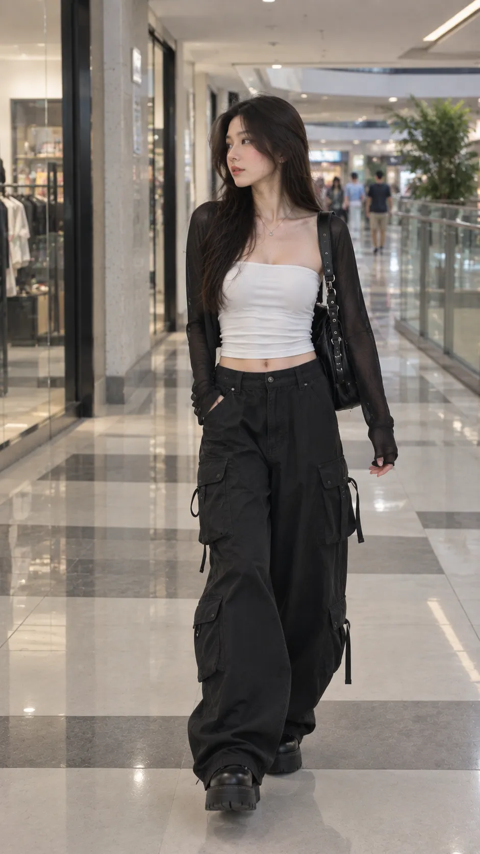 Áo ống trắng phối cargo đen platform boots và túi shoulder theo phong cách alt