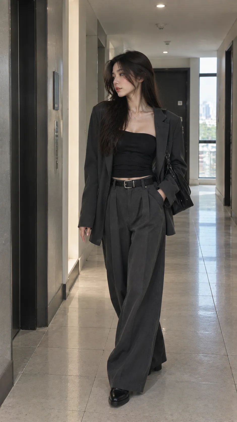 Áo ống nữ đen phối blazer boxy quần tây rộng và boots theo office siren