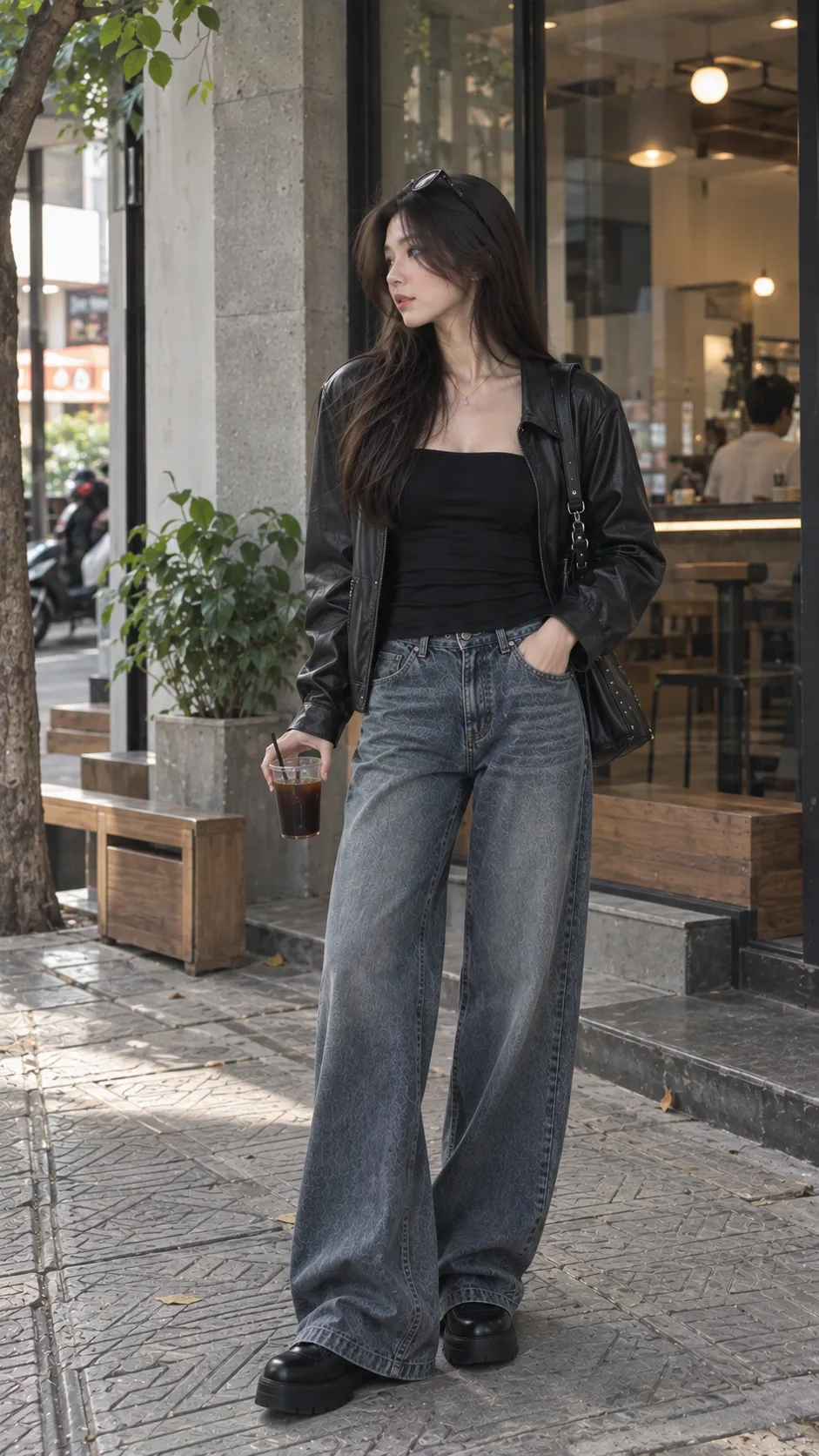 Áo ống dài màu đen phối jeans cạp vừa và leather jacket mở