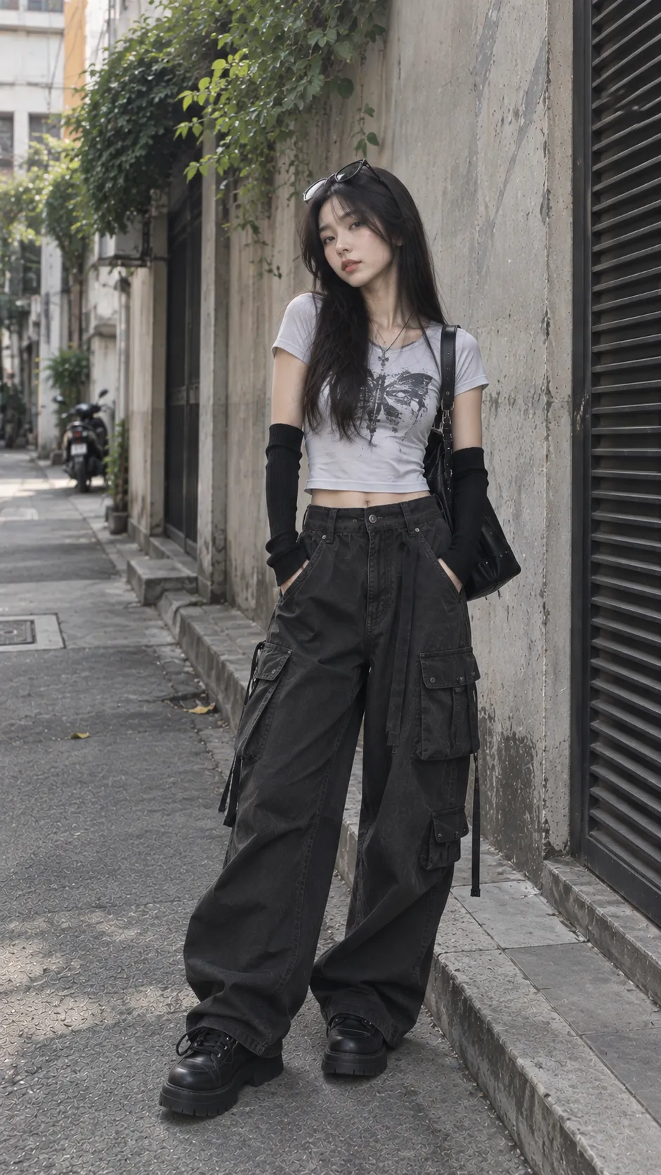 Arm warmers đen phối baby tee và cargo pants theo phong cách e-girl alt