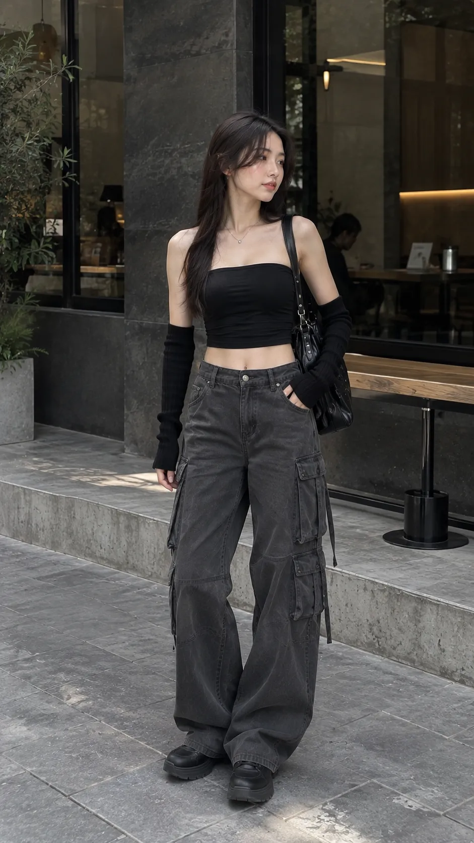 Arm warmers đen ôm tay phối tube top và cargo pants