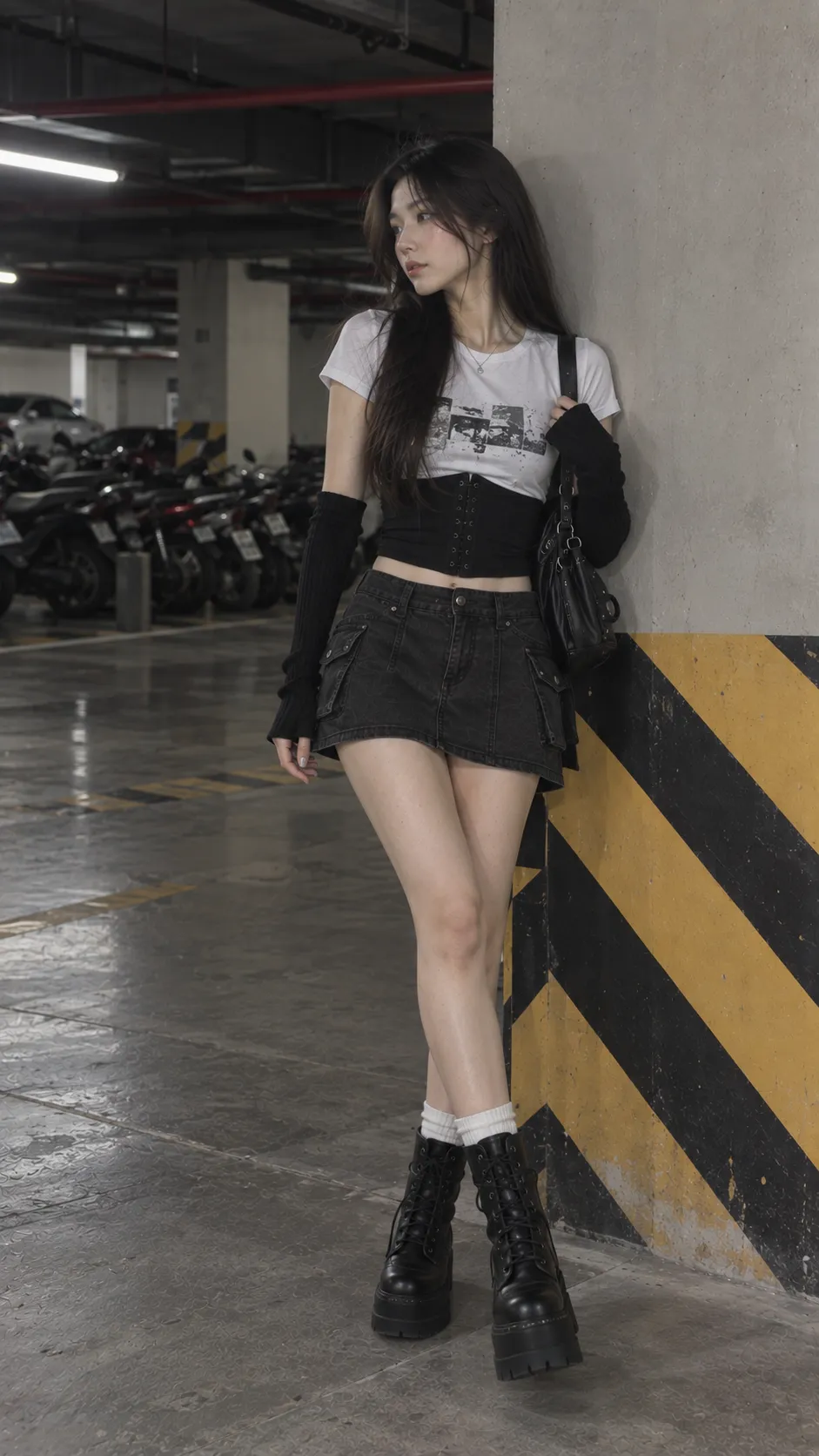Arm warmers rib đen phối baby tee và chân váy mini theo y2k