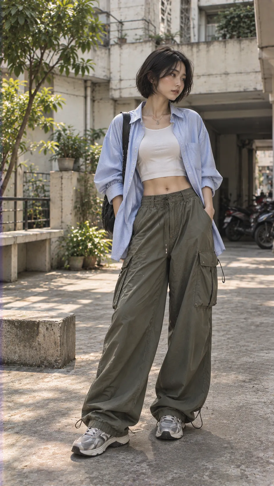 Athleisure với sneaker, sơ mi, quần cargo, quần parachute theo Cách Phối Athleisure Nữ: 4 Công Thức Có Logic