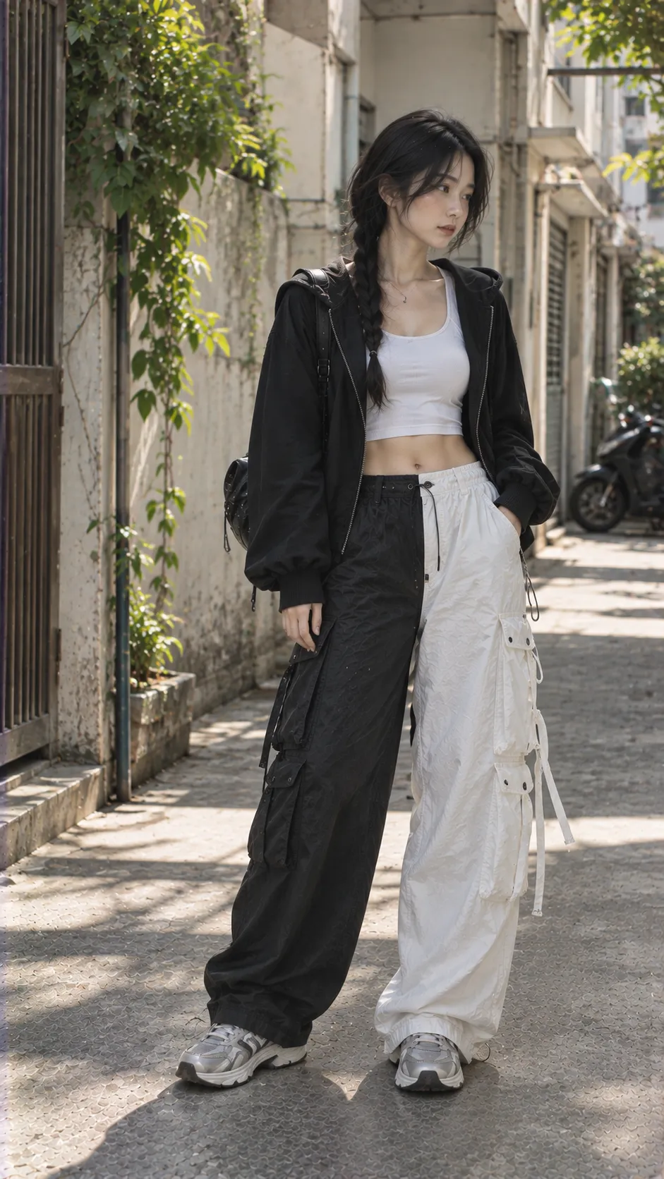 Athleisure nhấn vào quần cargo, đen, trắng với chất liệu và màu sắc rõ