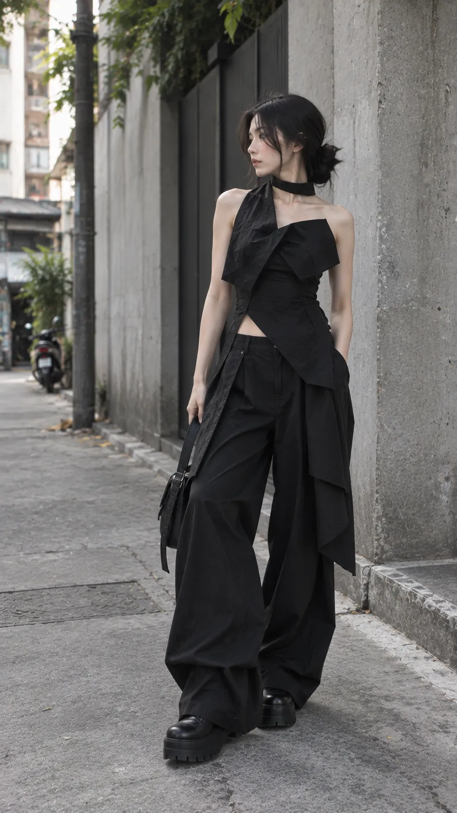 Avant-garde outfit đen với áo cấu trúc bất đối xứng quần rộng và boots hình khối