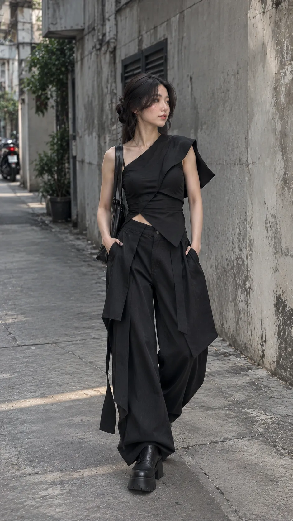Avant-garde outfit đen với áo cấu trúc bất đối xứng quần rộng và boots hình khối